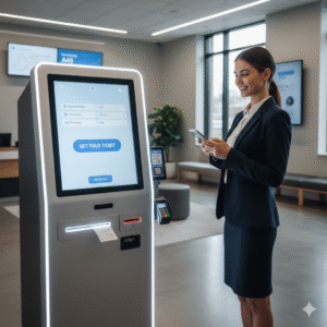 Girl using ticket dispenser for their waititng time