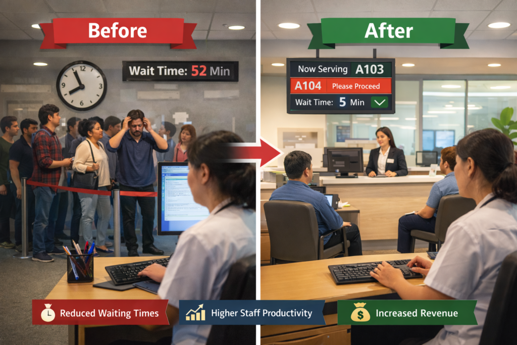 Before and after hospital queue management system showing reduced waiting time, improved patient flow, and better staff productivity